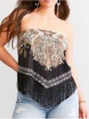 NWT Buckle Black Multi Satin Fringe Handkerchief Tube Top Western Cowgirl size S
